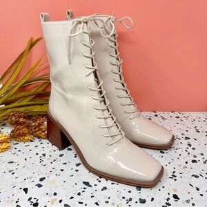 Anthropologie Sam Edelman Westie Cream Lace Up Women’s Patent Leather Boot Sz 9